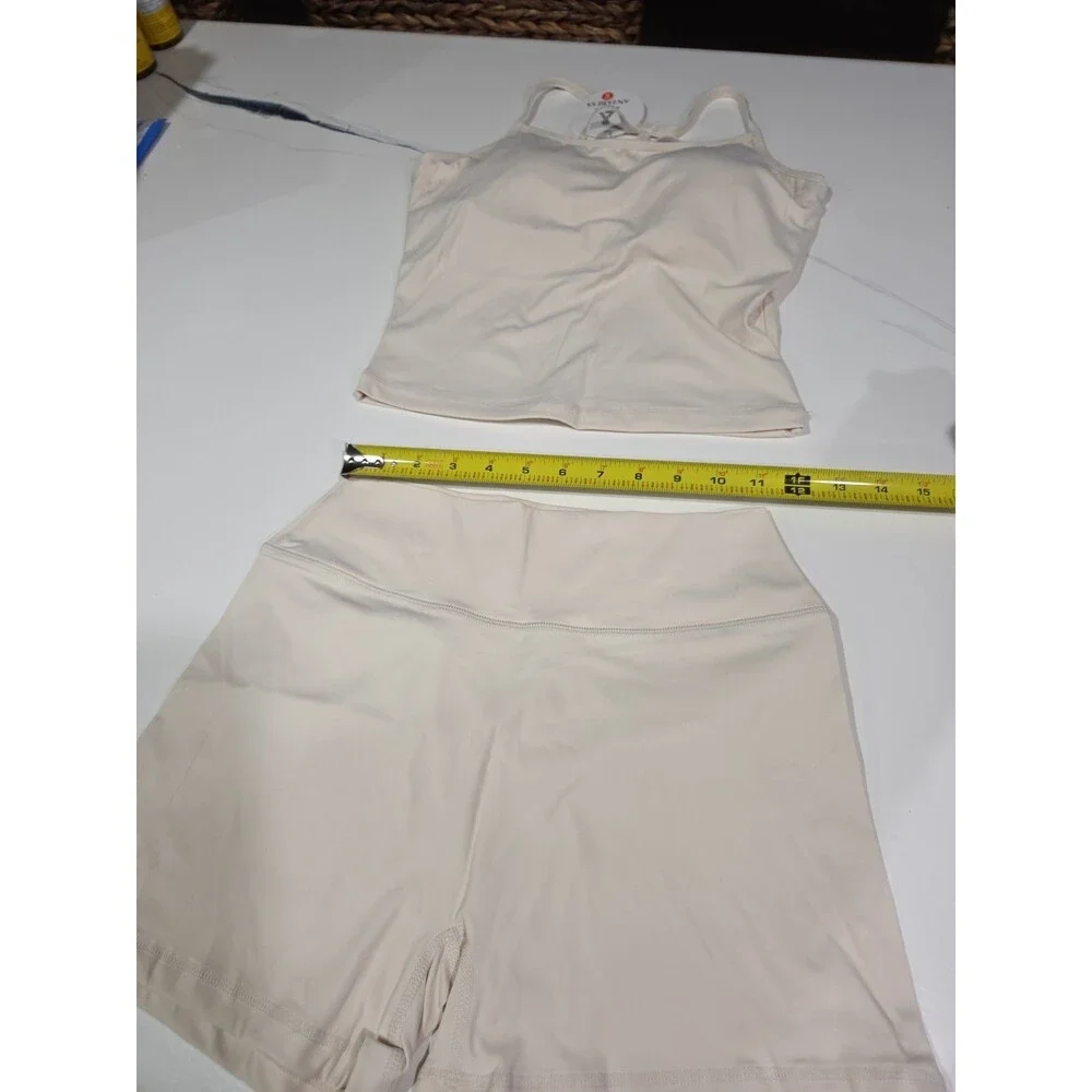CREAM Women Workout Set Built in Bra 2Pc Outfit Tank Top Tummy Control Short B23